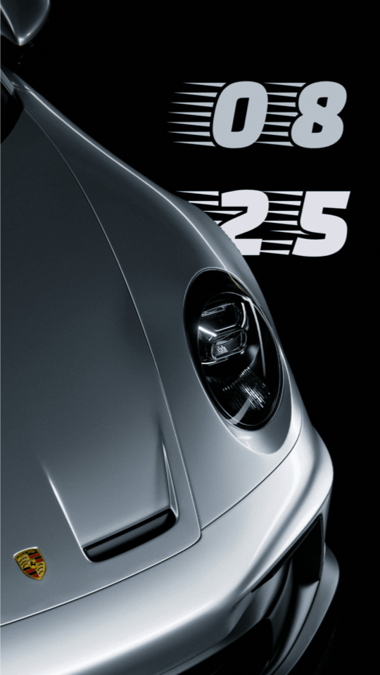 Close-up of a silver sports car on black, with a vertical clock in a speed-lined italic font stacking 08 over 25 beside the headlight.
